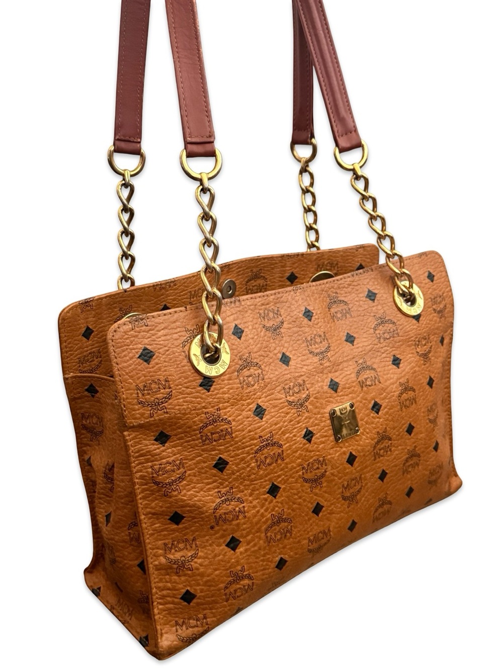 MCM Visetos Cognac Shoulder Bag Gold Chain Strap Medium Tote - Picture 9 of 17